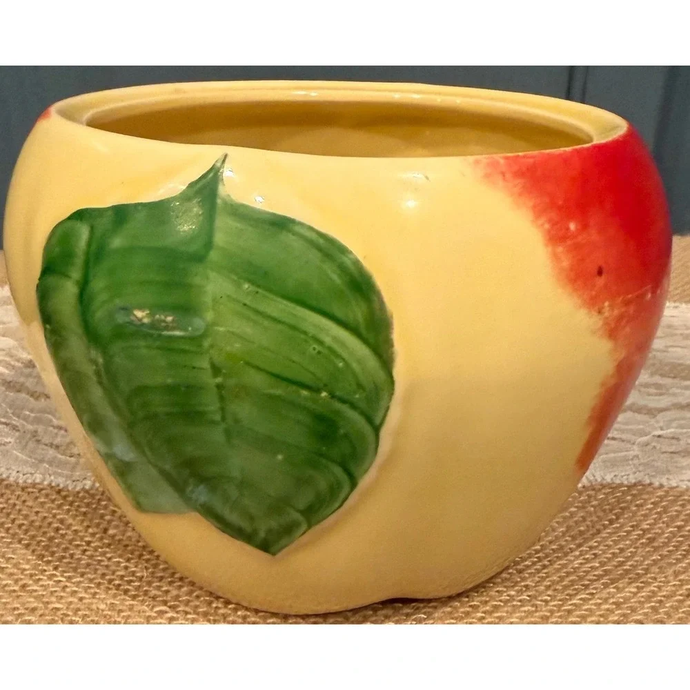 Vintage Ceramic Apple Planter Hand Painted Red Yellow Fruit Bowl Succulent Pot